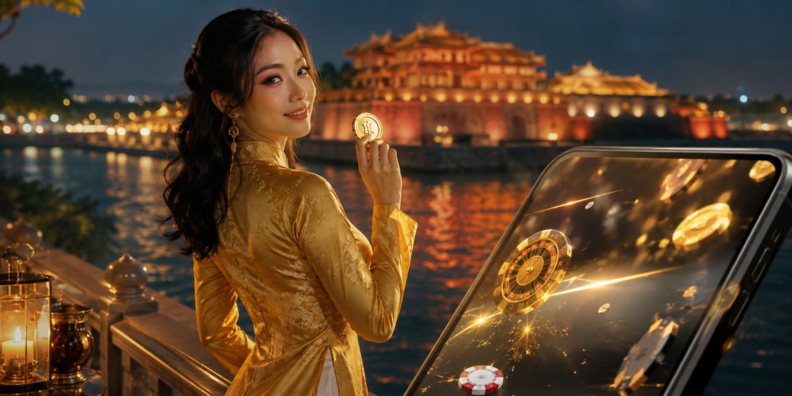 Người phụ nữ mặc áo dài tại Huế truy cập casino di động và kiểm tra thông tin thanh toán